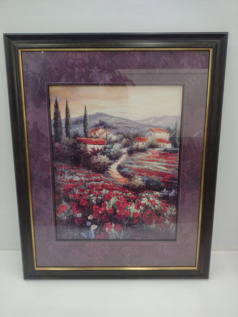 Painting of red flower field with a village in the background: 32"(H) x 26"(W)