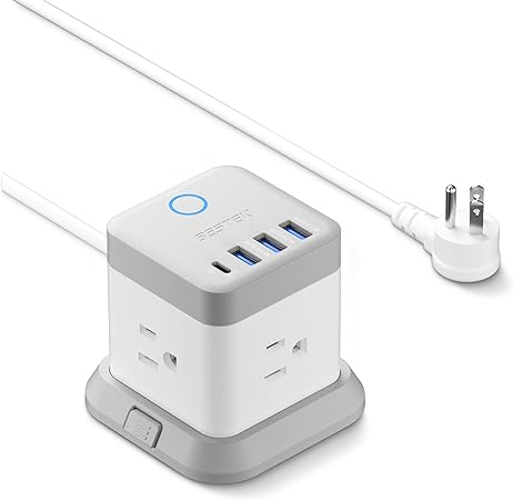 Power Cube with 3 AC, 3 USB-A, 1 USB-C 20W, 5 Ft Cord, Flat Plug