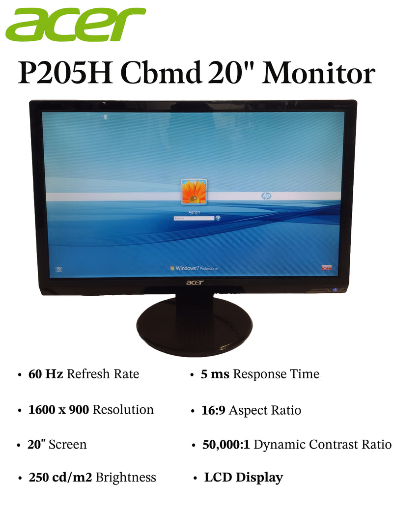 Acer, Pre-Owned 20" Monitor P205H Cbmd 1600 x 900 Widescreen