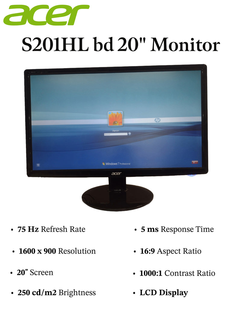 Acer Monitor, Pre-Owned, S201HL bd 20" 1600 x 900 Widescreen