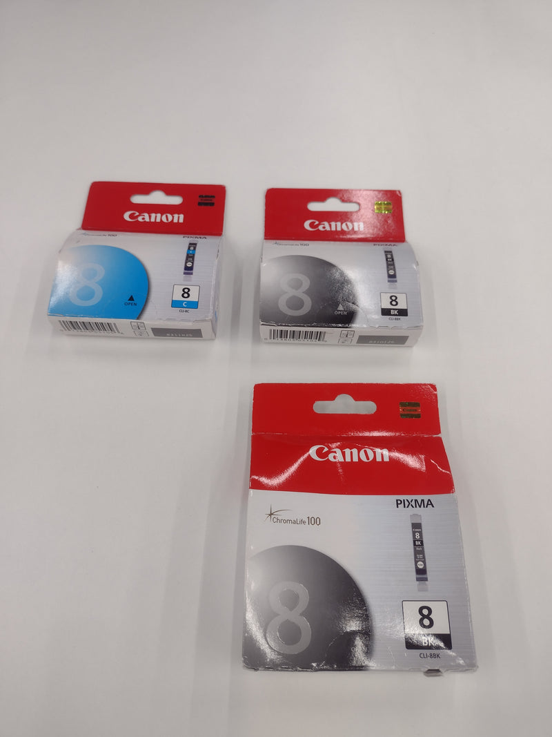 NEW Set of 3 Canon 8 Pixma Black (CLI-8BK) and Cyan (CLI-8C) Ink Cartridges