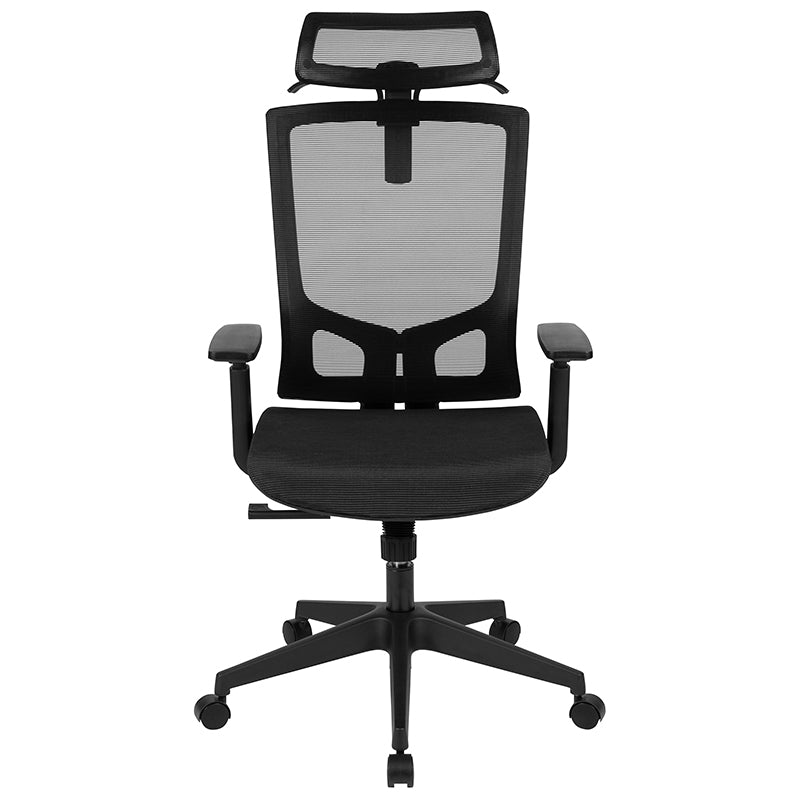Ergonomic Mesh Office Chair with Synchro-Tilt, Pivot Adjustable Headrest, Lumbar Support, Coat Hanger and Adjustable Arms in Black