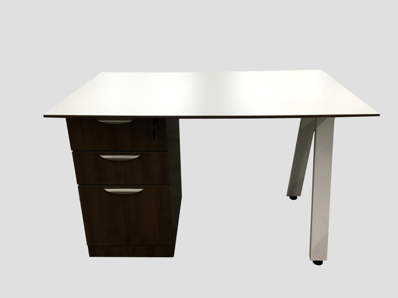 Straight OfficeSource Desk With White Laminate Beveled Edge Top and 3 Drawer B/B/F pedestal - 30"D x 48"W