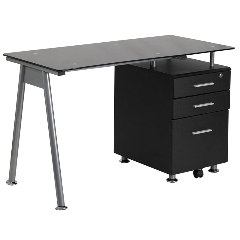 Black Glass Computer Desk with Three Drawer Pedestal - 23 1/2" D x 47 1/4" W