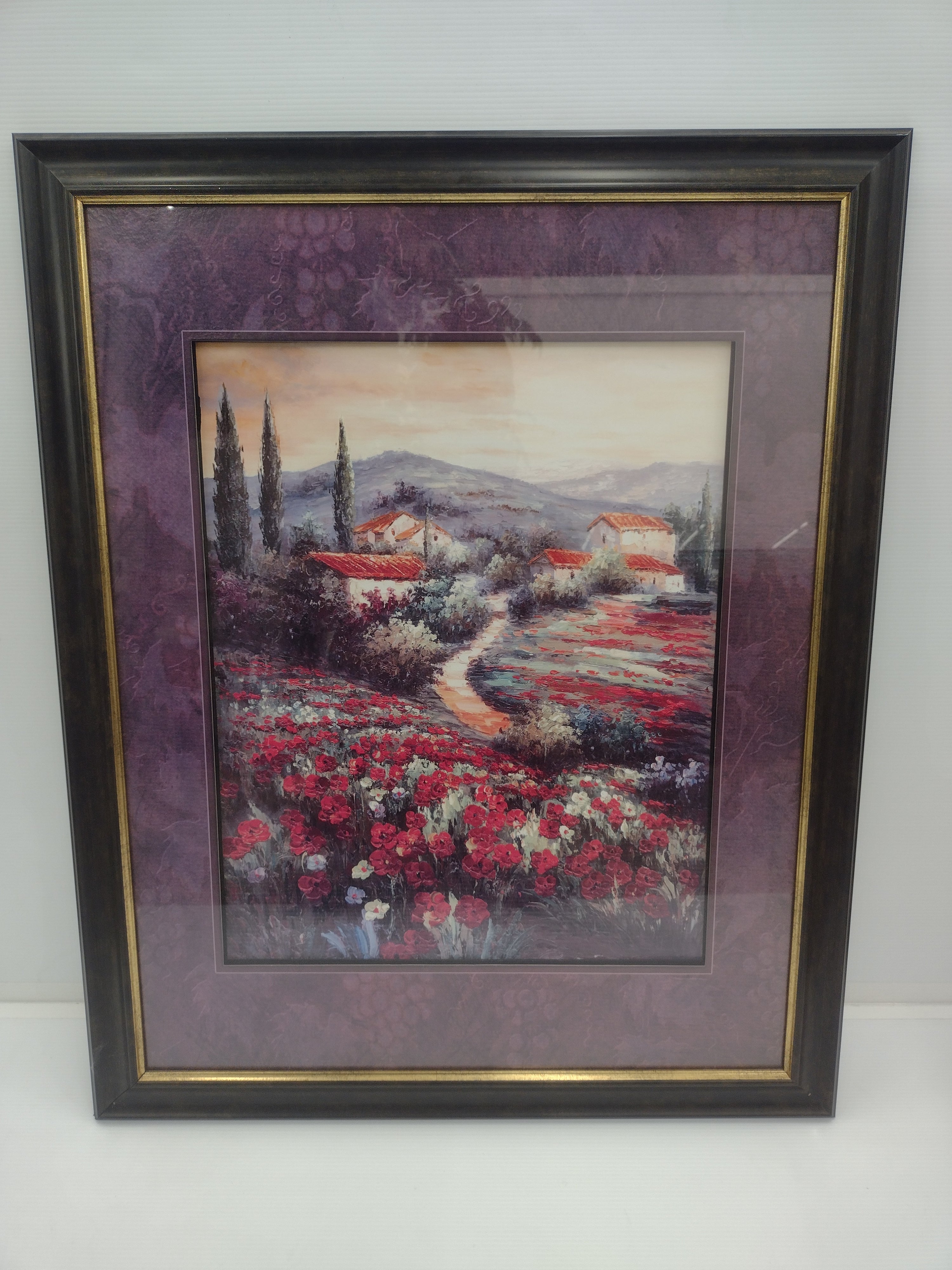 Painting of red flower field with a village in the background: 32"(H) x 26"(W)