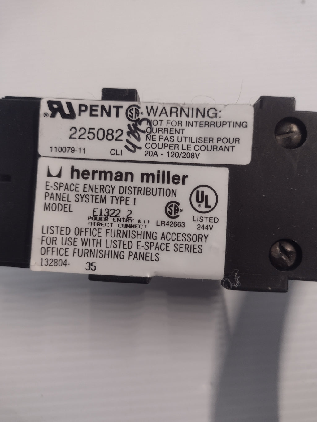 Herman Miller 72" E1322.2 Power Base Entry/Feed/Whip for Ethospace Panel Systems