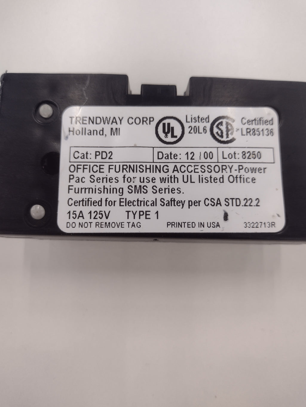 Trendway PD2 3322713R Duplex Receptacle Outlet for SMS-Series Cubicle Panels