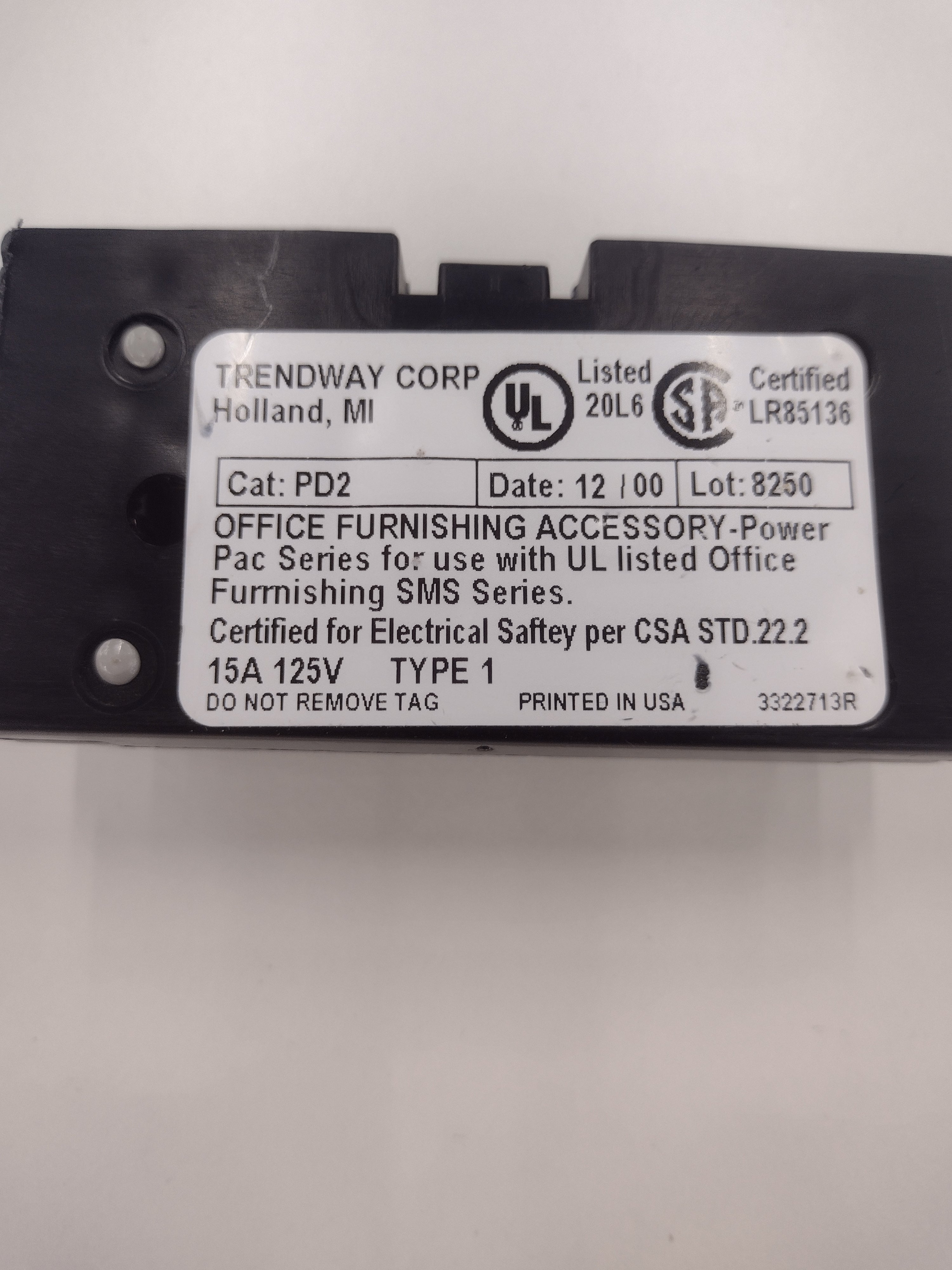 Trendway PD2 3322713R Duplex Receptacle Outlet for SMS-Series Cubicle Panels