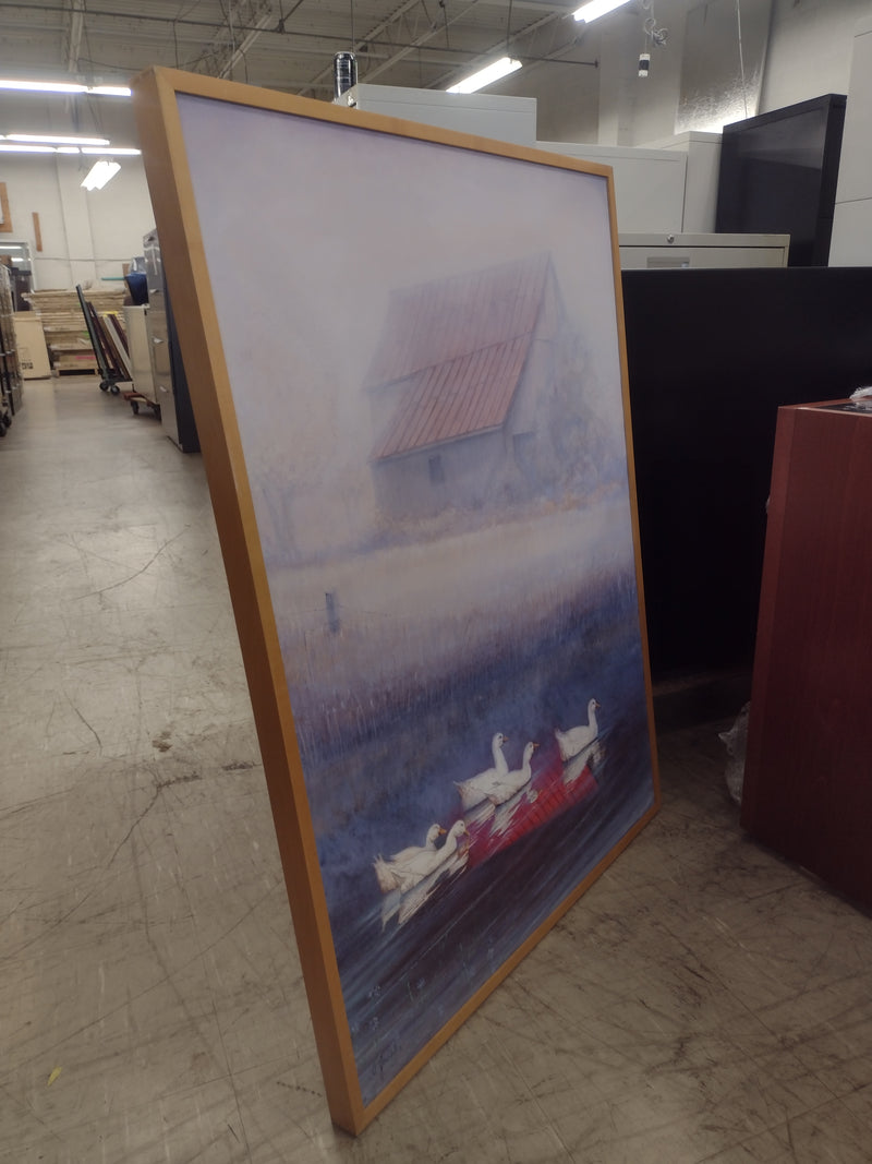 Oil painting of ducks with a barn in the background: 41"(H) x 31"(W)