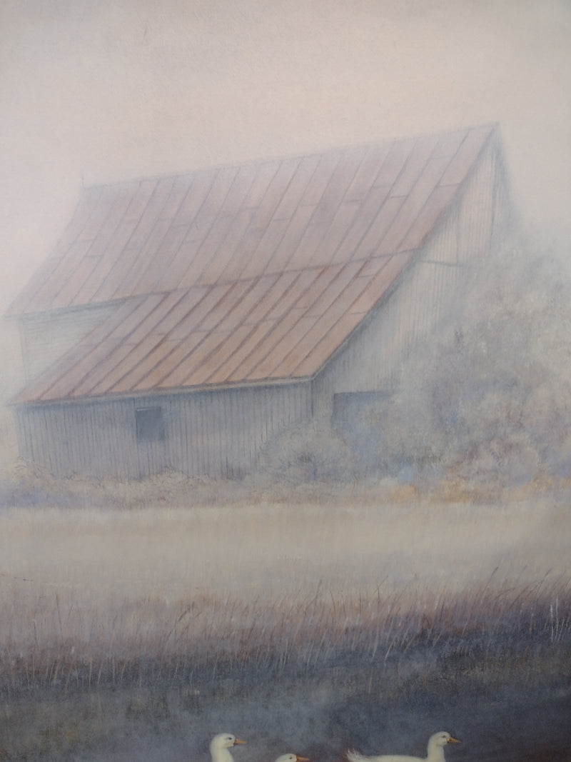 Oil painting of ducks with a barn in the background: 41"(H) x 31"(W)