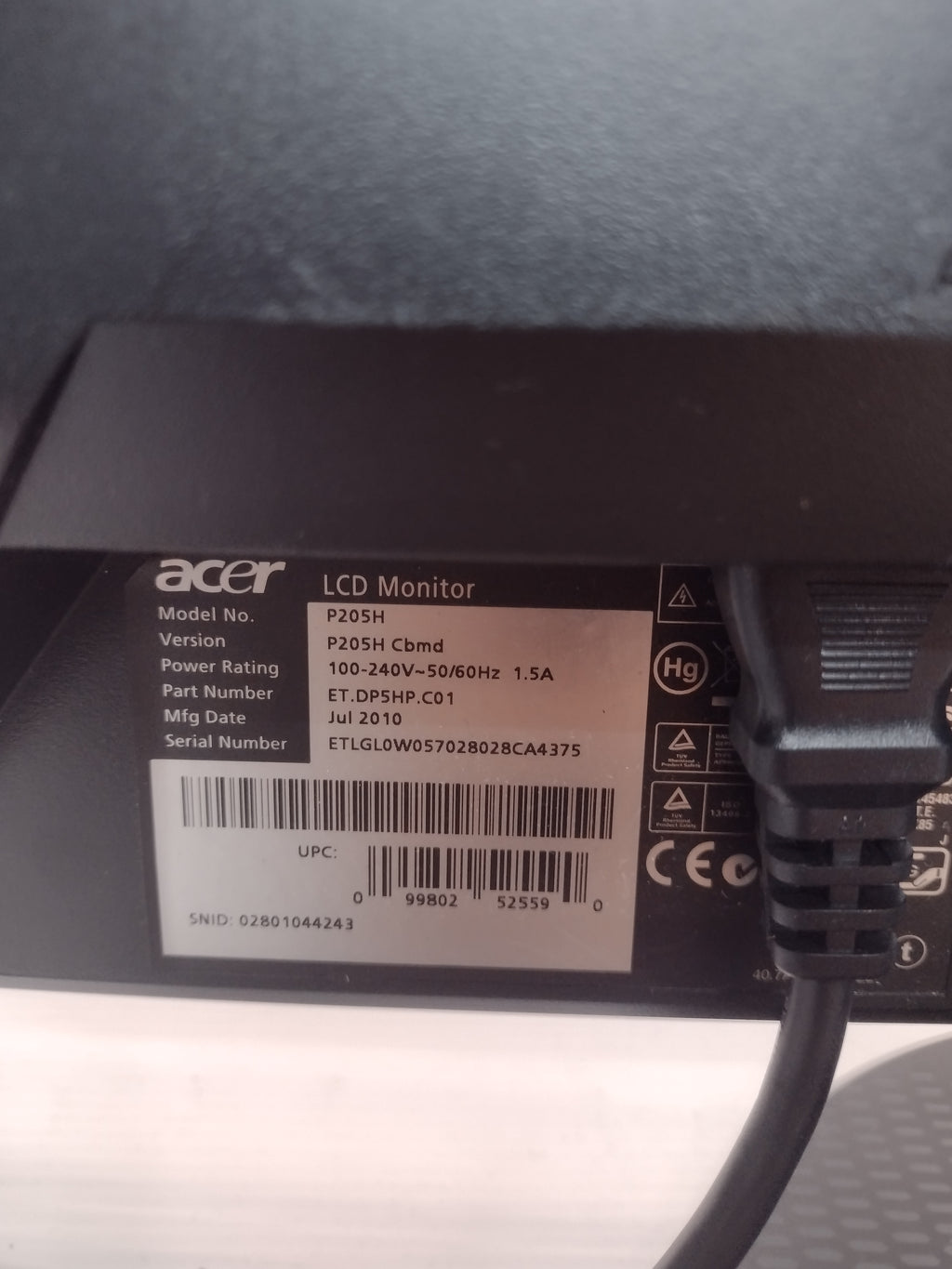 Acer, Pre-Owned 20" Monitor P205H Cbmd 1600 x 900 Widescreen