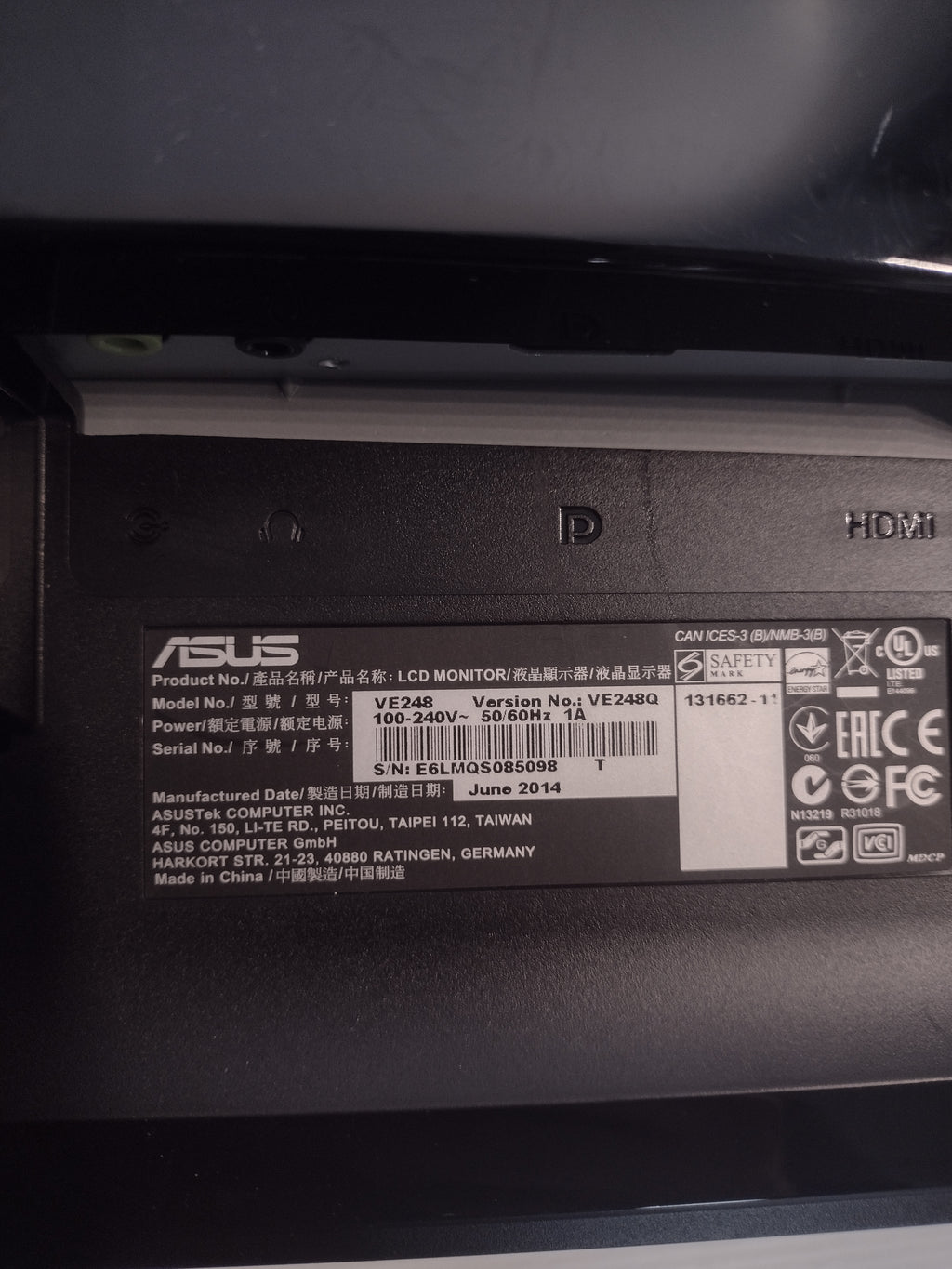 ASUS 24" VE248 Monitor 1920 x 1080 16:9 60 Hz 2 ms