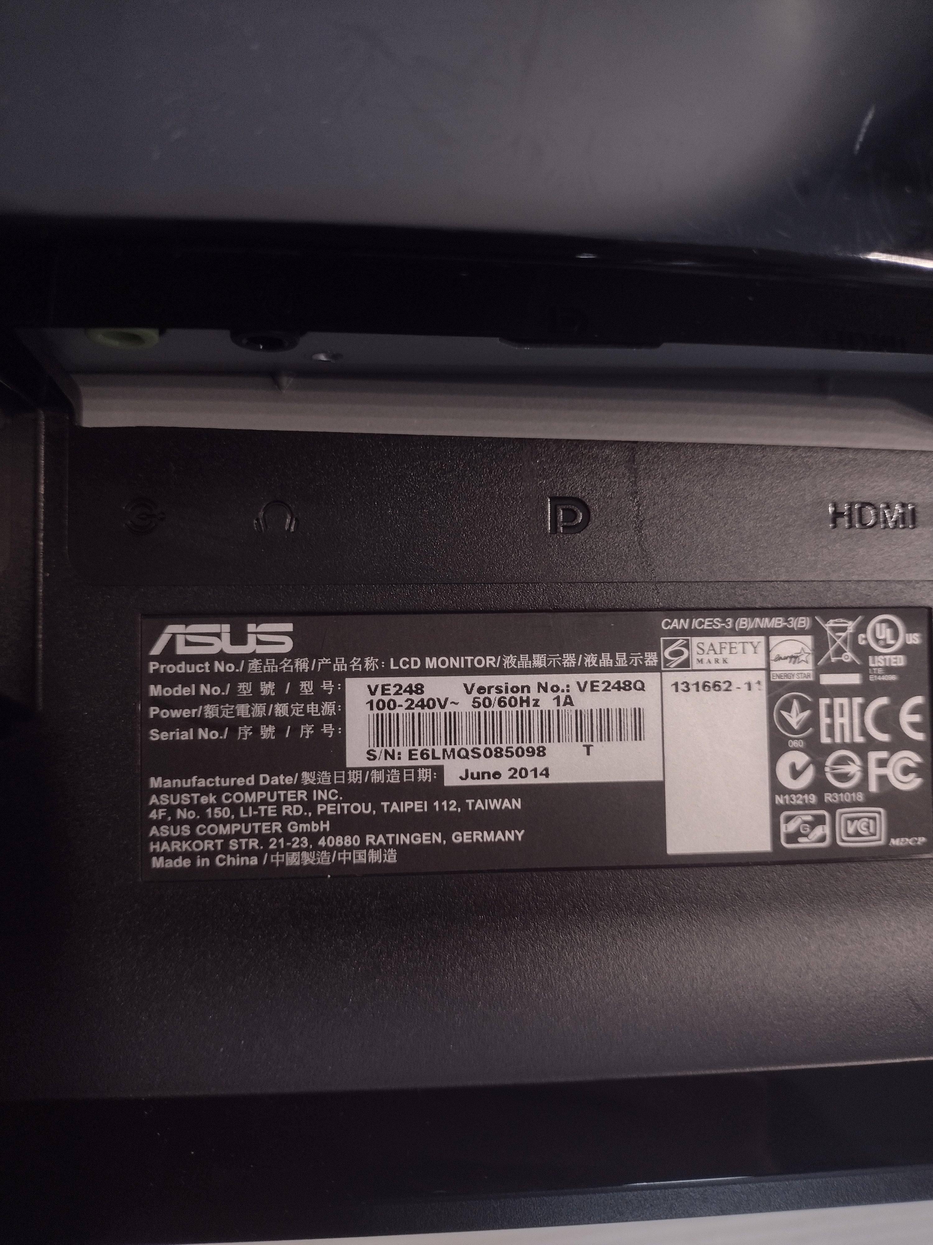ASUS 24" VE248 Monitor 1920 x 1080 16:9 60 Hz 2 ms