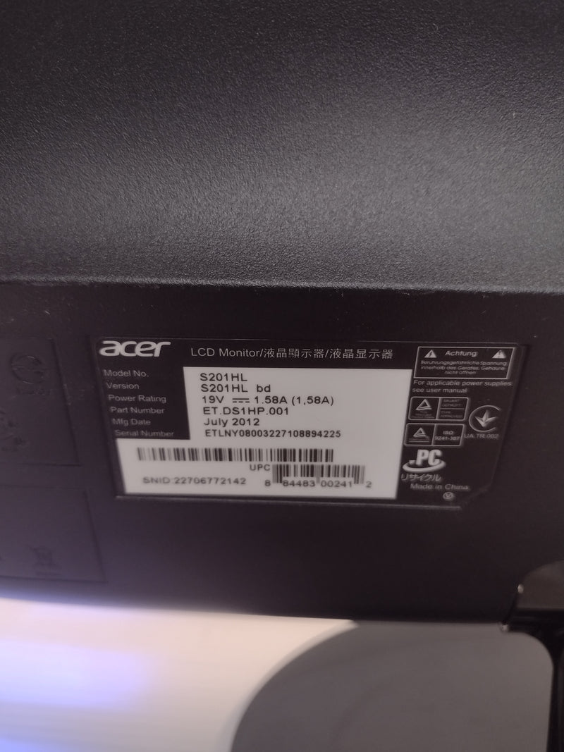 Acer Monitor, Pre-Owned, S201HL bd 20" 1600 x 900 Widescreen
