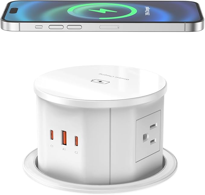 5" Pop-Up Power Grommet with 4 AC, 1 USB-A, 2 USB-C + Wireless Charging Top