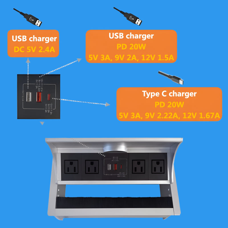 Silver 20w Power Insert with Wireless Charger for Conference Tables