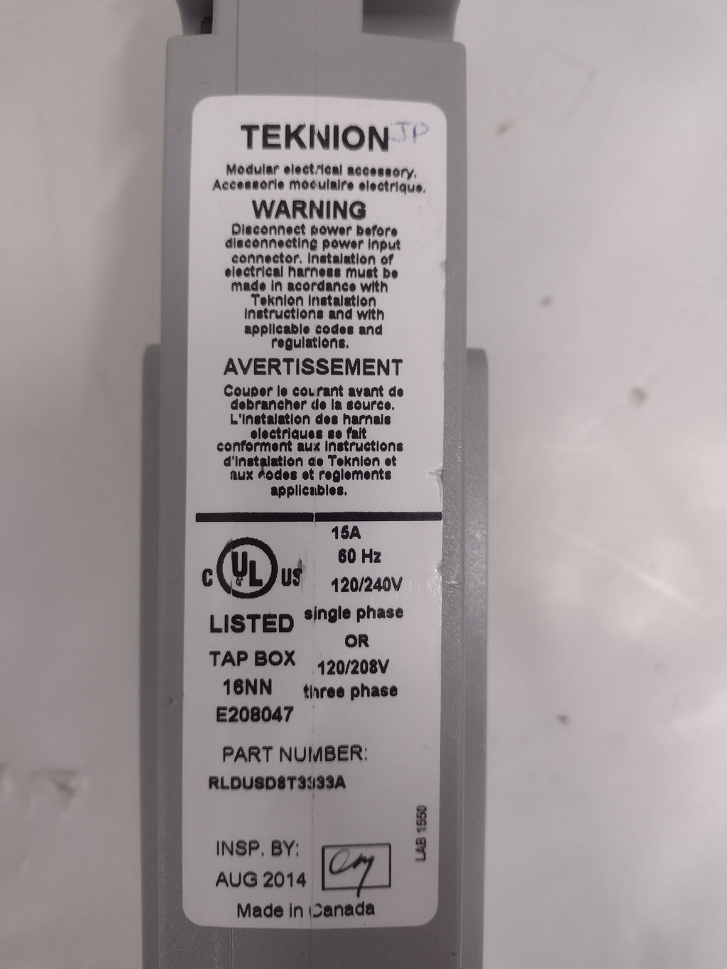 Teknion Modular Electrical Outlet Tap Box 16NN E208047 120/240V 15A 60Hz