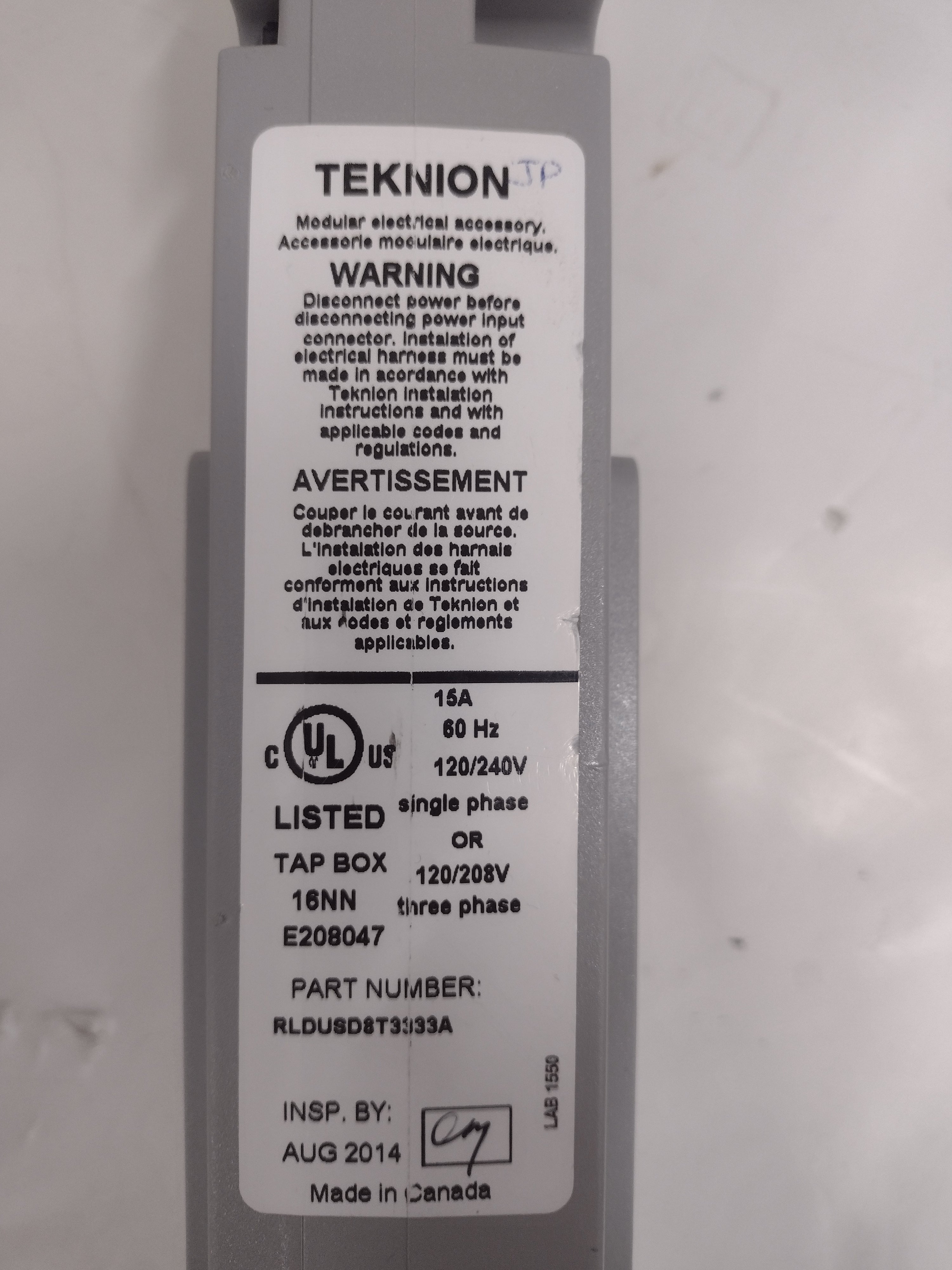 Teknion Modular Electrical Outlet Tap Box 16NN E208047 120/240V 15A 60Hz