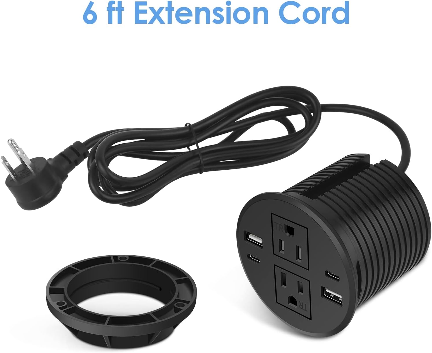 3", 6-Outlet, Desktop Power Grommet with 2 AC, 2 USB-C & 2 USB-A Charging Ports