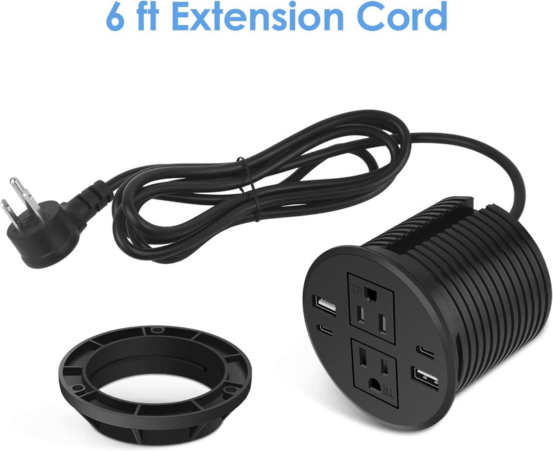 3", 6-Outlet, Desktop Power Grommet with 2 AC, 2 USB-C & 2 USB-A Charging Ports