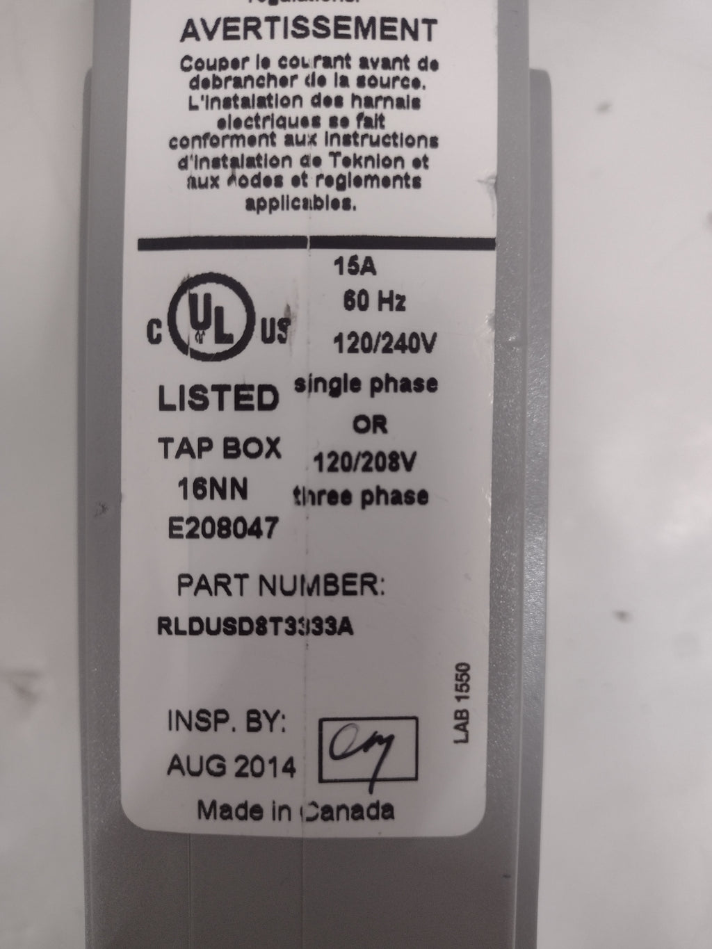 Teknion Modular Electrical Outlet Tap Box 16NN E208047 120/240V 15A 60Hz