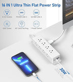 EZ-Mount Power Strip, 6 ft - 10 ft, 12 AC, 2 USB-A, 2 USB-C, Surge Protector