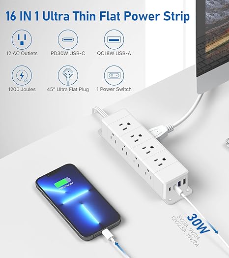 EZ-Mount Power Strip, 6 ft - 10 ft, 12 AC, 2 USB-A, 2 USB-C, Surge Protector