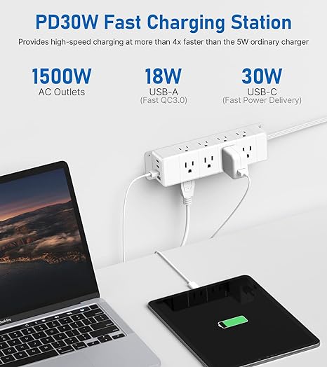 EZ-Mount Power Strip, 6 ft - 10 ft, 12 AC, 2 USB-A, 2 USB-C, Surge Protector