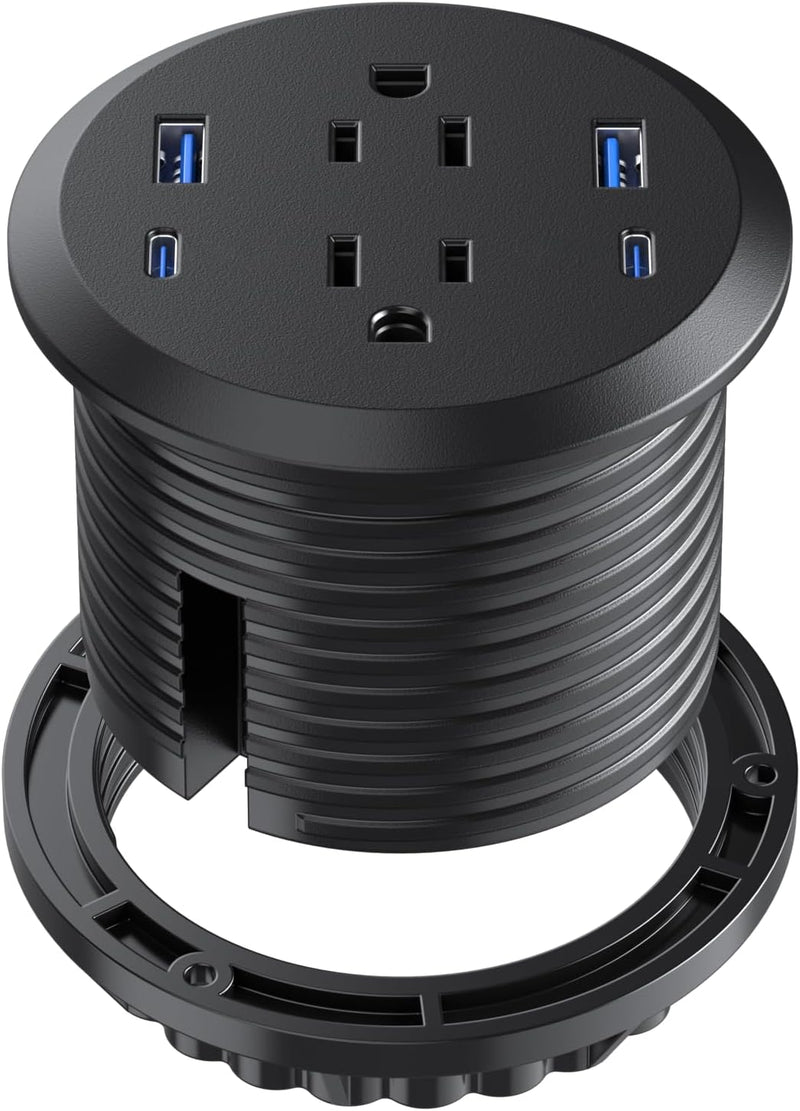 3", 6-Outlet, Desktop Power Grommet with 2 AC, 2 USB-C & 2 USB-A Charging Ports
