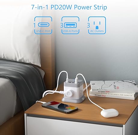 Power Cube with 3 AC, 3 USB-A, 1 USB-C 20W, 5 Ft Cord, Flat Plug