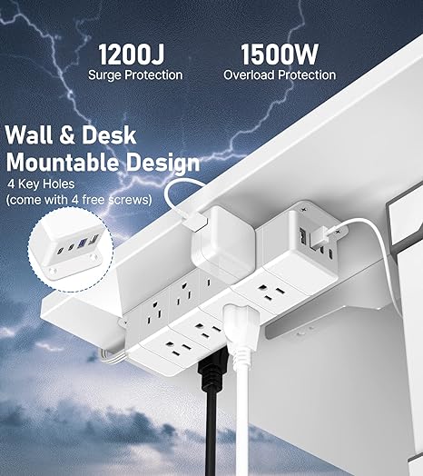 EZ-Mount Power Strip, 6 ft - 10 ft, 12 AC, 2 USB-A, 2 USB-C, Surge Protector