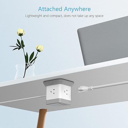 Power Cube with 3 AC, 3 USB-A, 1 USB-C 20W, 5 Ft Cord, Flat Plug