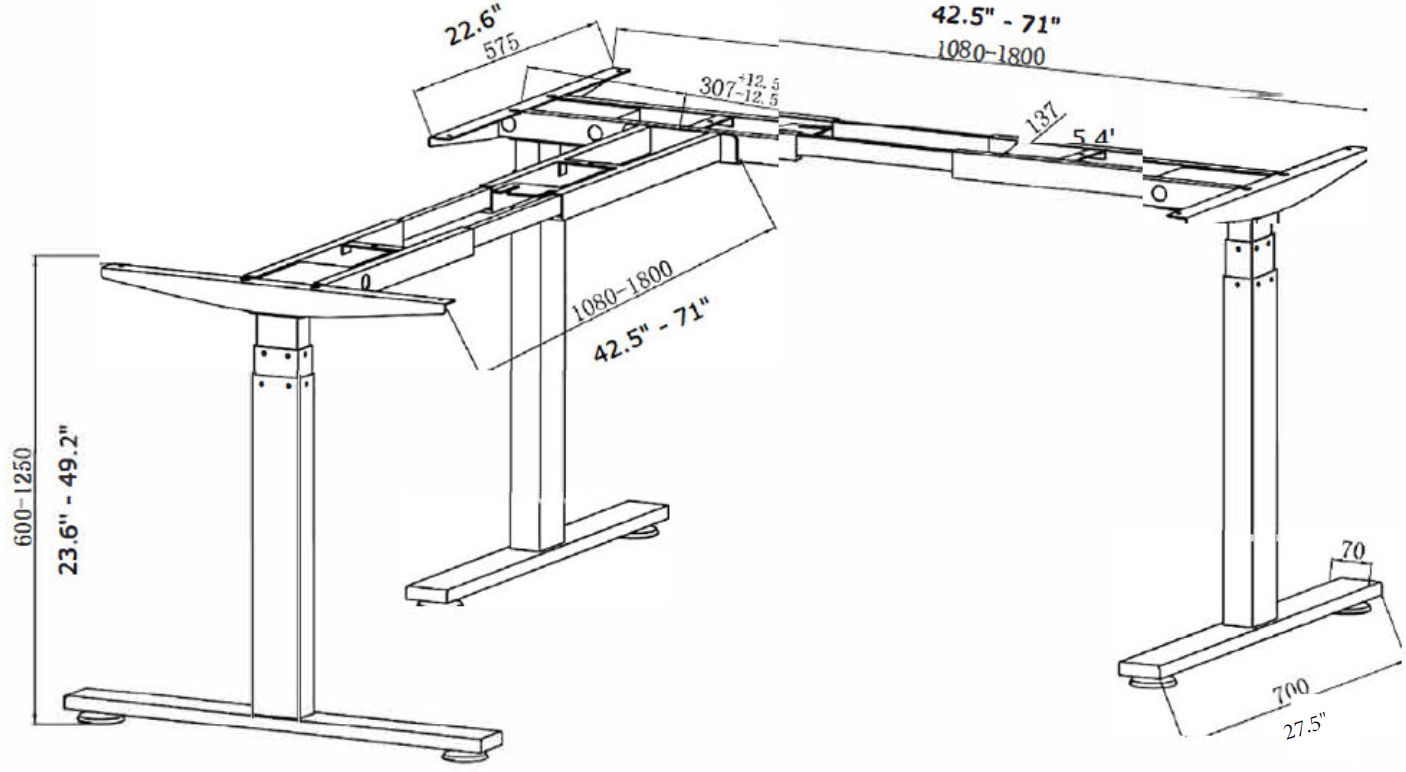 L-Shaped Electric Sit-Stand Desk, BASE ONLY