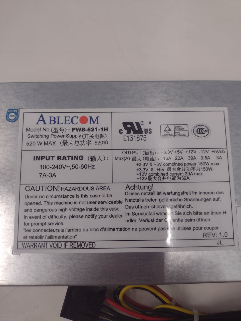 Ablecom Supermicro PWS-521-1H 520W 1U Switching Server Power Supply