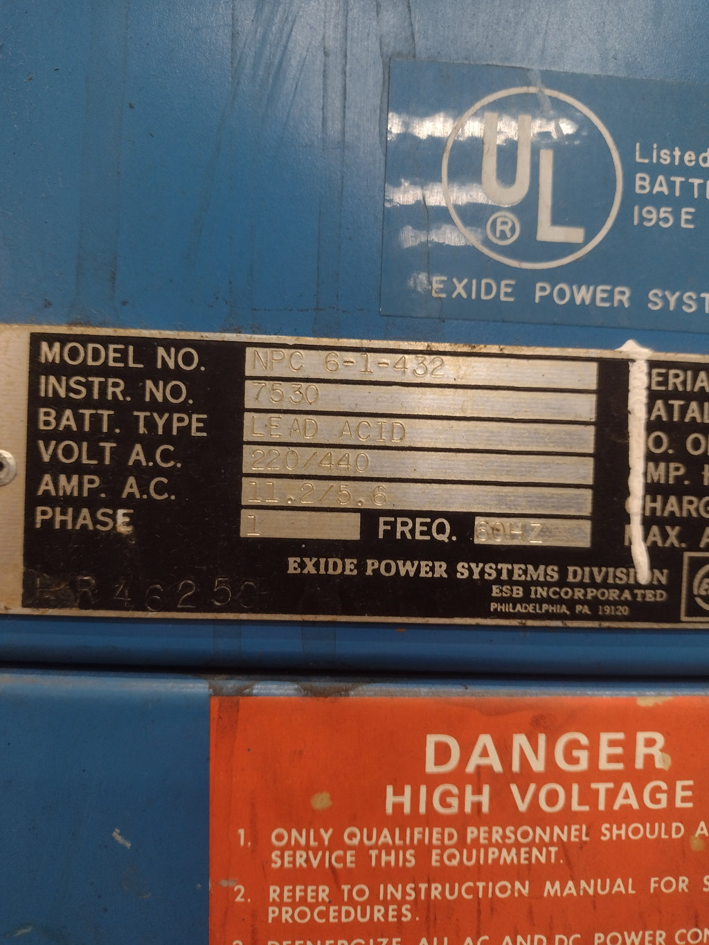 Exide NPC (6-1-432) 12 Volt 6 Cell 1 Phase Forklift Battery Charger (w/pallet)