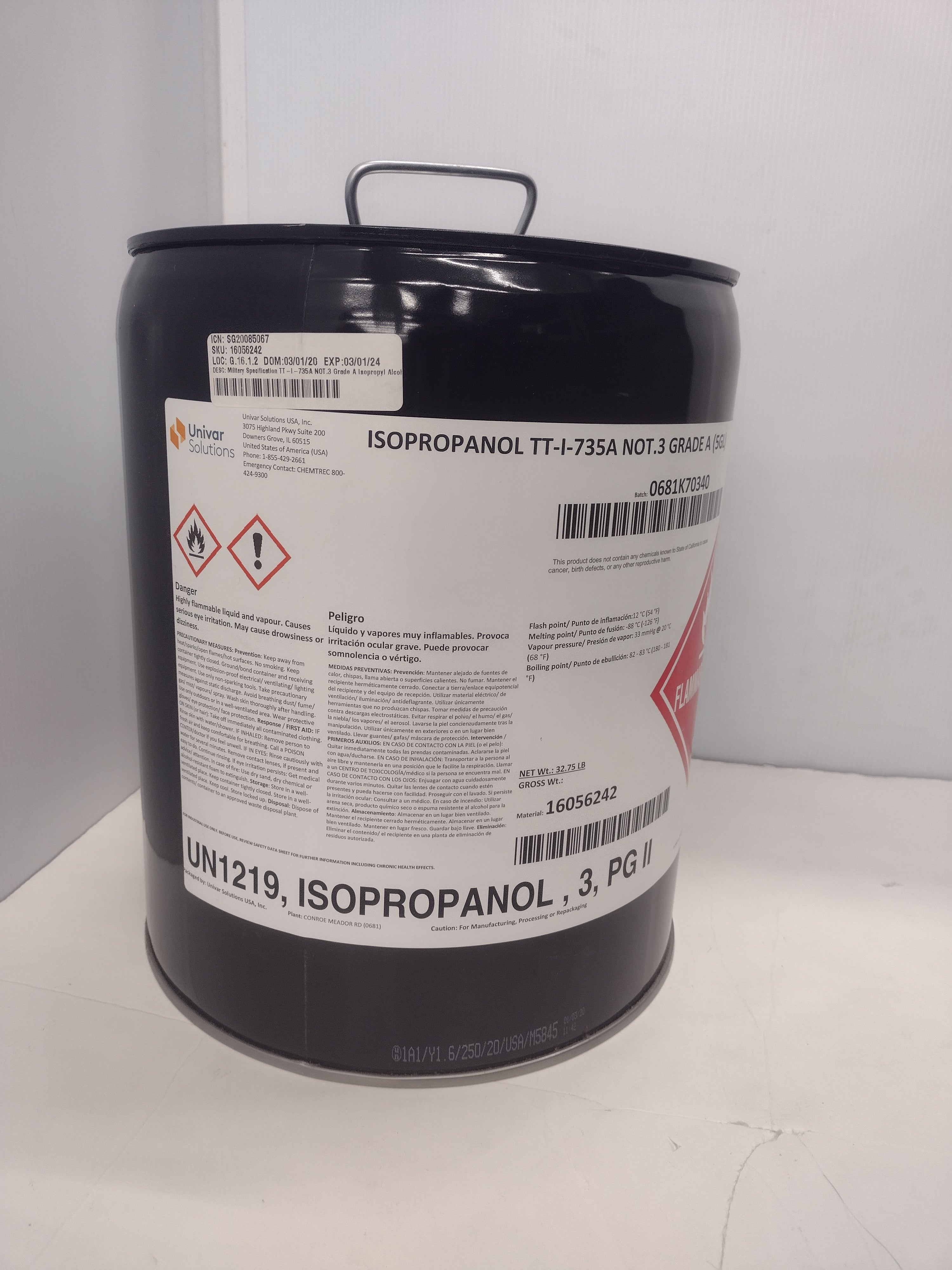 Univar Solutions UN1219 (16056242) Grade A 99% Isopropanol (5 gal) - NEW