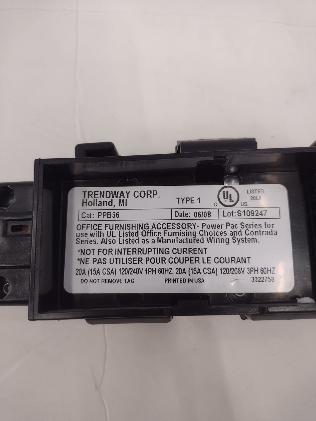Trendway PPB36 Power Pac Block/Connector for Choices/Contrada Series Cubicles