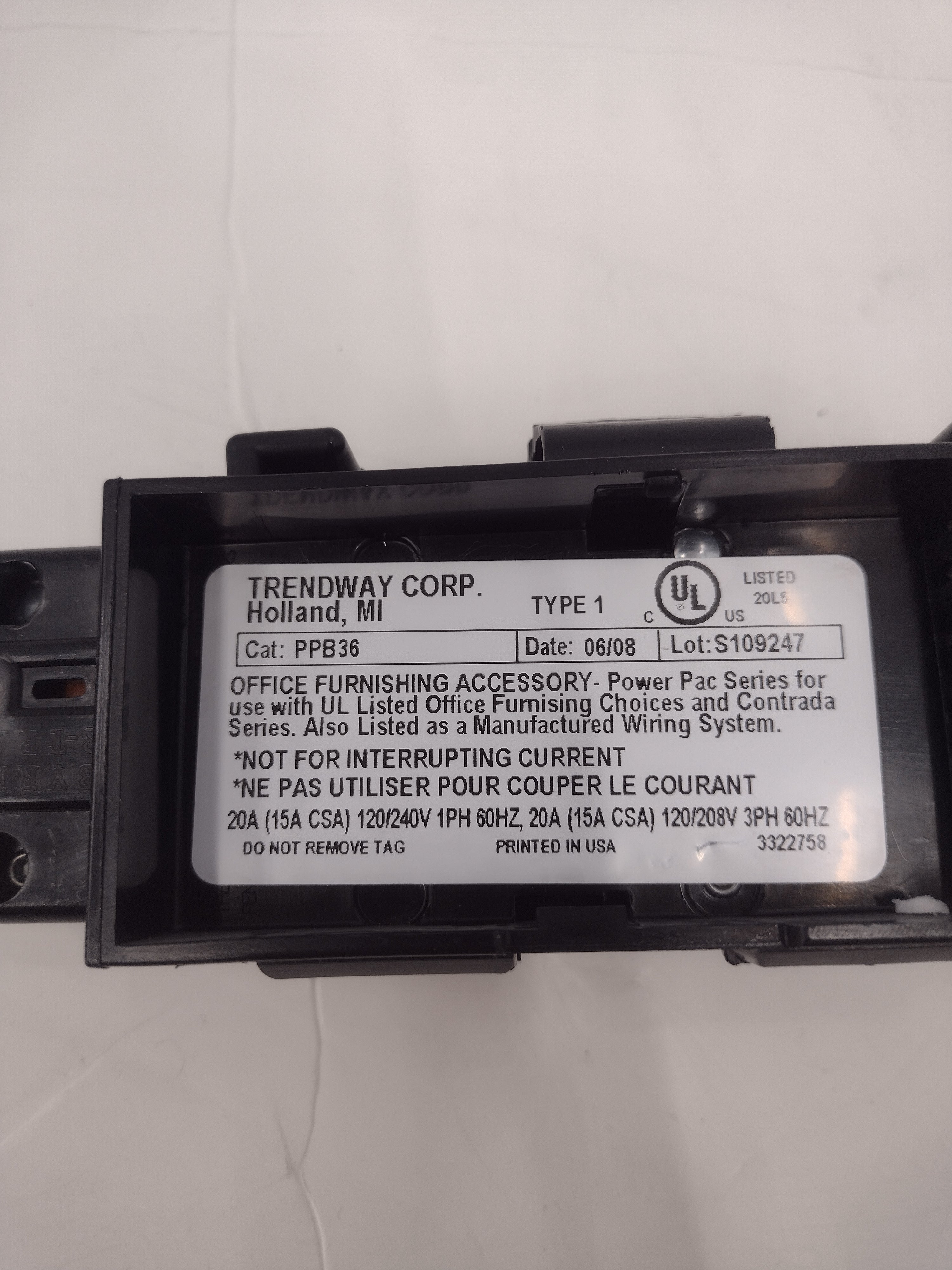 Trendway PPB36 Power Pac Block/Connector for Choices/Contrada Series Cubicles