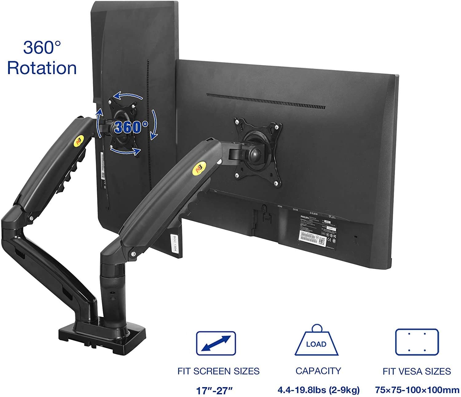 Double Monitor Desk Swivel Arm For Two Screens 17-27 Inch