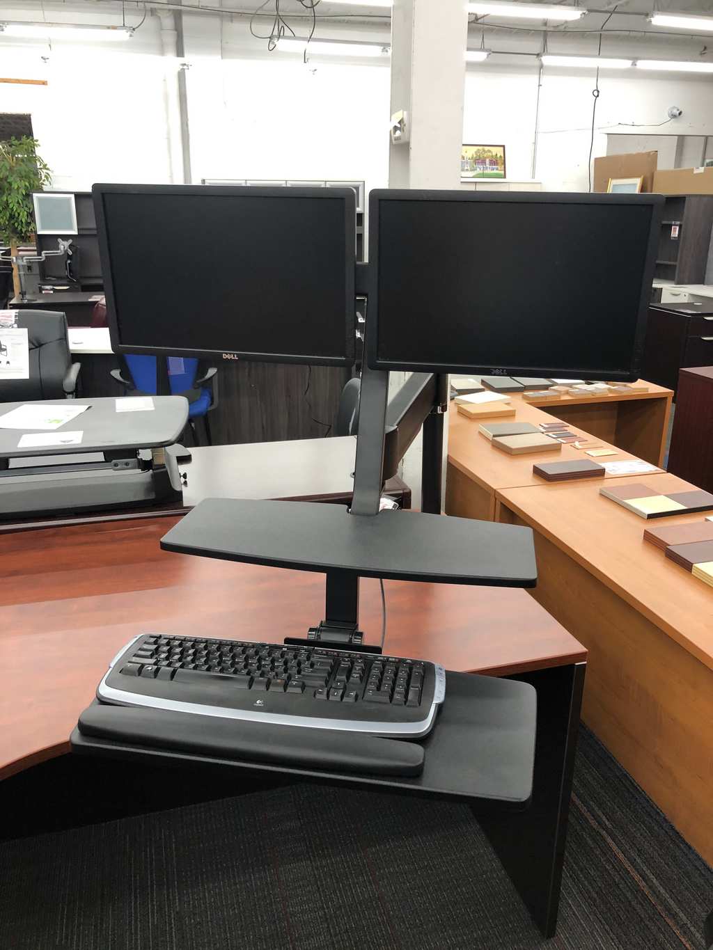 Double Monitor Riser Sit/Stand Pole Mount Workstation