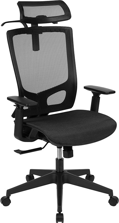 Ergonomic Mesh Office Chair with Synchro-Tilt, Pivot Adjustable Headrest, Lumbar Support, Coat Hanger and Adjustable Arms in Black