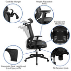 Ergonomic Mesh Office Chair with Synchro-Tilt, Pivot Adjustable Headrest, Lumbar Support, Coat Hanger and Adjustable Arms in Black