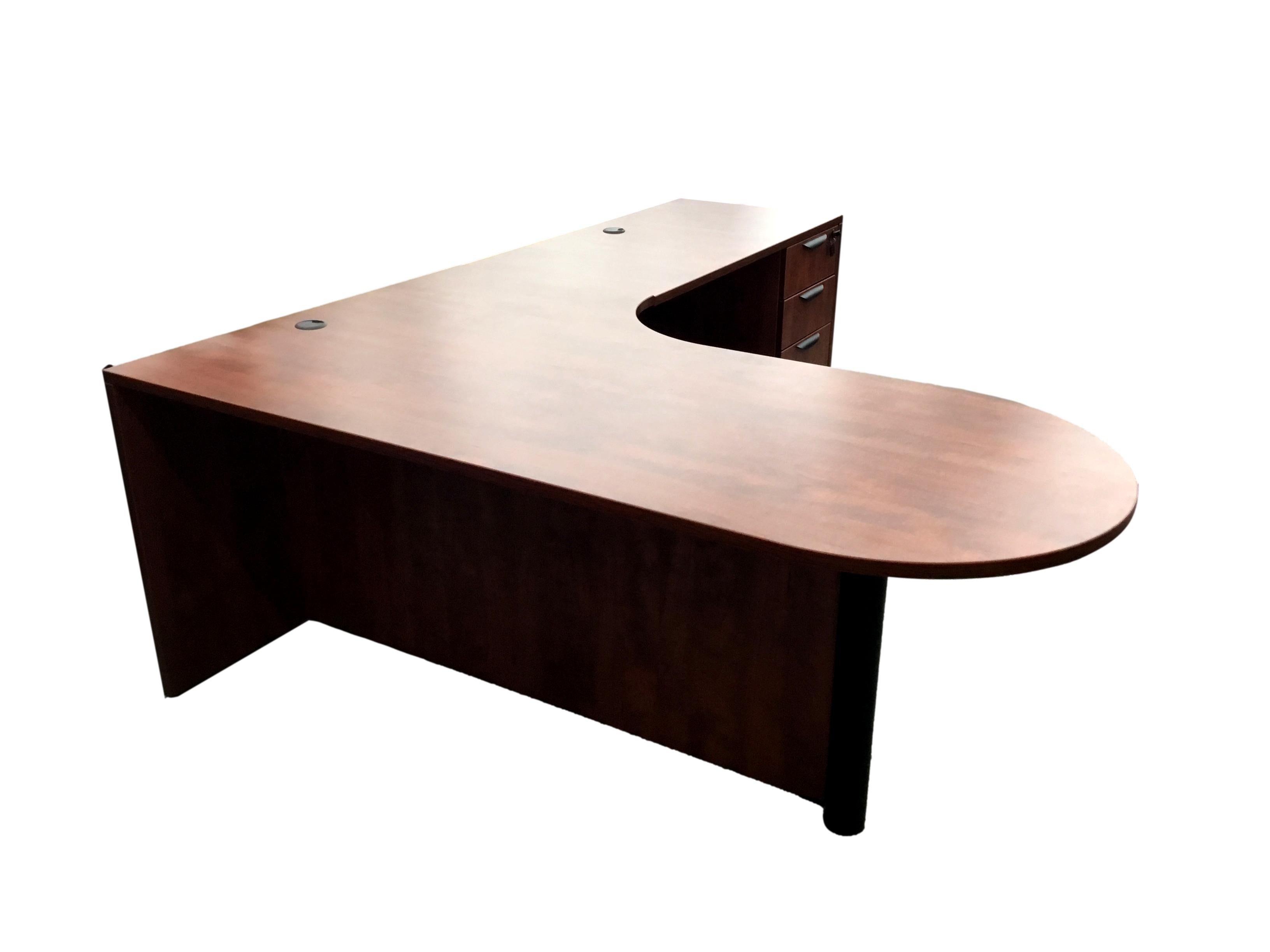 Office Source Bullet w/Corner Extension and Right Hand Return with 3-Drawer Pedestal - 71" x 89"