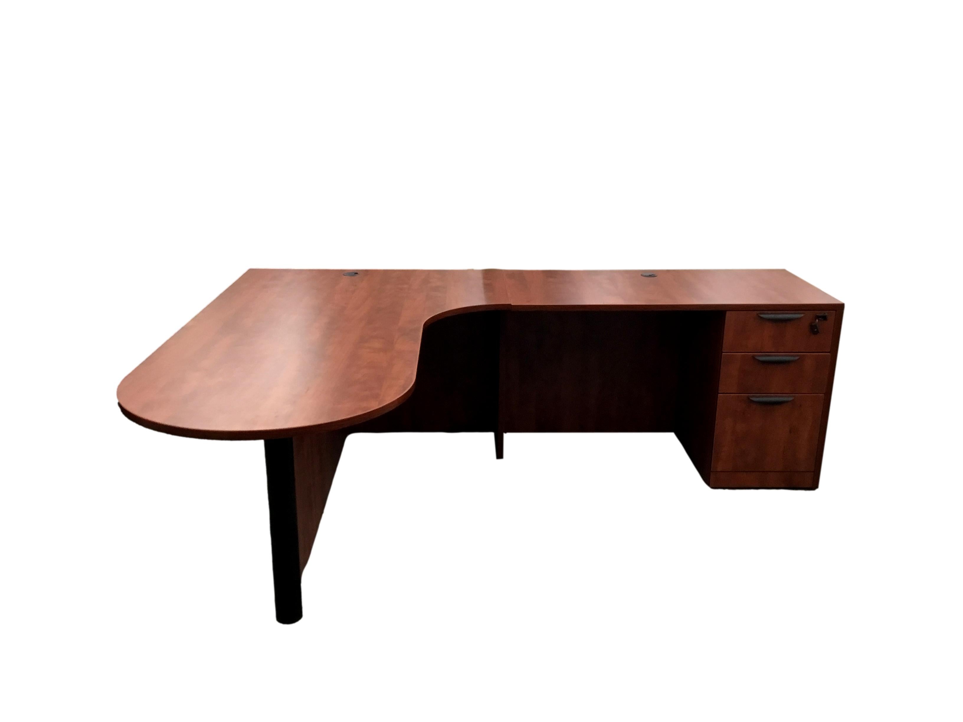 Office Source Bullet w/Corner Extension and Right Hand Return with 3-Drawer Pedestal - 71" x 89"