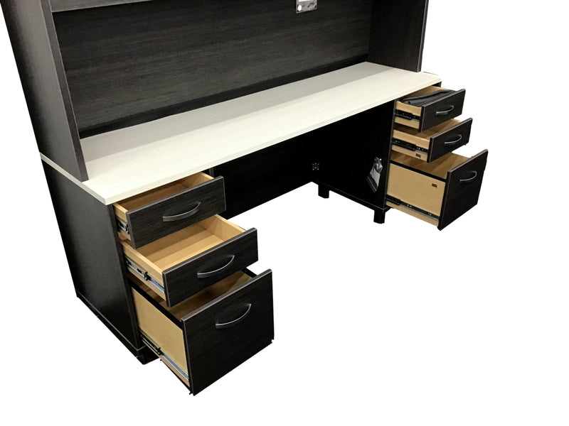 Candex New Yorker Custom Office Suite in Arctic White and Gray Storm - Desk + Hutch + Credenza