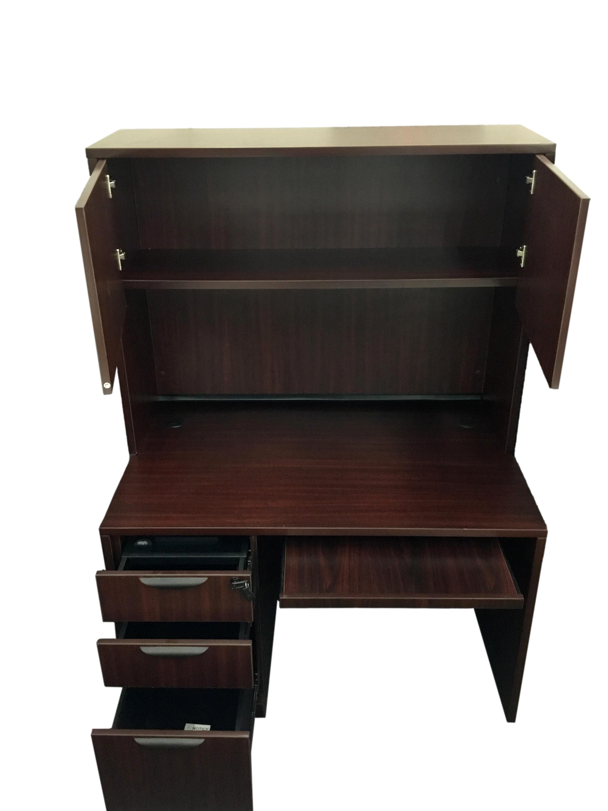 Office Source Mahogany Laminate Straight Desk With Hutch - Pedestal File - Keyboard Tray - 30"D x 48"W