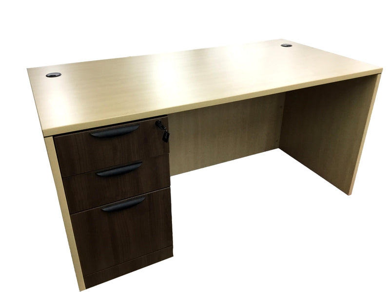 Office Source Single (3 drawer) Full File Desk 60" x 30" in Maple w/ Modern Walnut