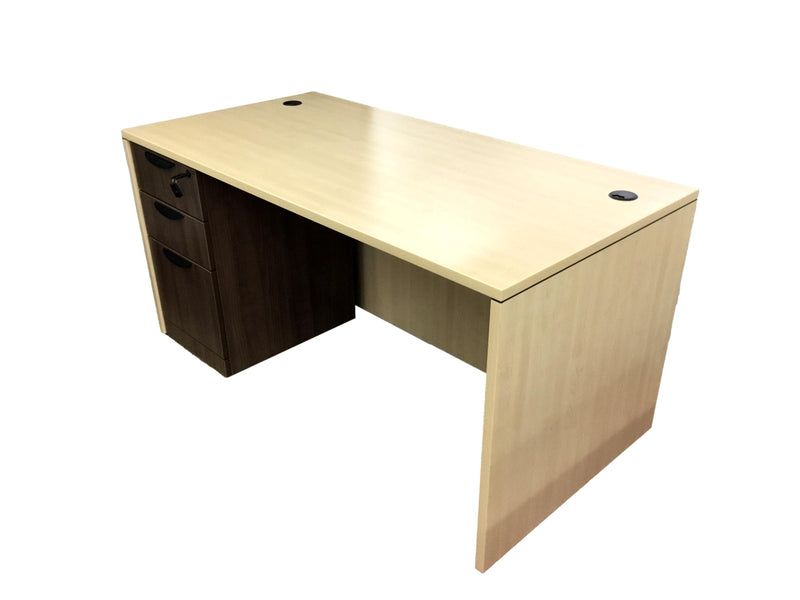 Office Source Single (3 drawer) Full File Desk 60" x 30" in Maple w/ Modern Walnut