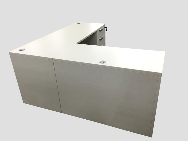 Office Source L-Shape Desk in White Laminate With B/B/F Cabinet - 66" x 66"