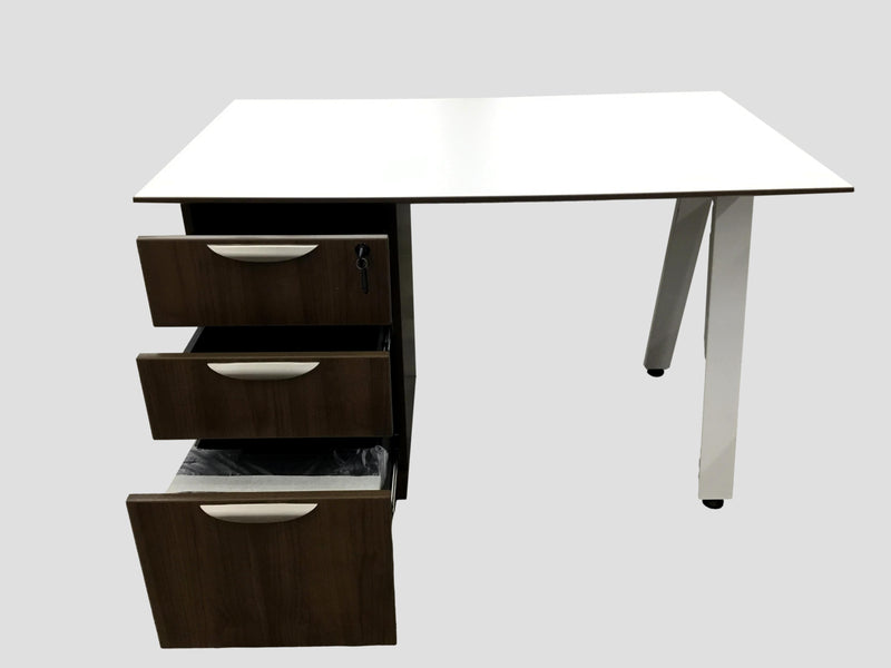 Straight OfficeSource Desk With White Laminate Beveled Edge Top and 3 Drawer B/B/F pedestal - 30"D x 48"W